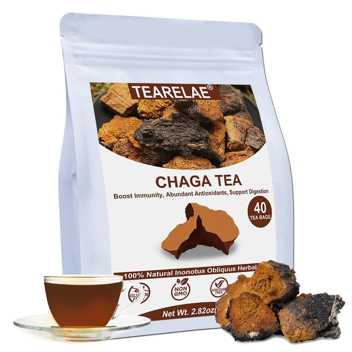 Tearelae - Chaga Tea - 2g x 40 Count - Wild Harvest from Siberia - 100% Pure Natural Chaga Mushroom Tea Bag - Additive-Free - Non-GMO - Caffeine-free
