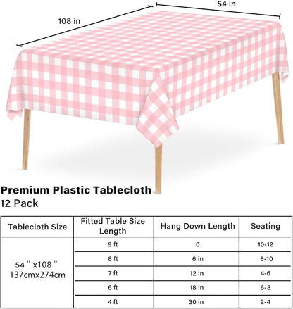 12 Pcs Pink Gingham Tablecloth 54 × 108 Inches Pink and White Checkered Table Cloth Disposable Plastic Waterproof Tablecover for Outdoor Picnic, Birthday Party, Holiday Dinner