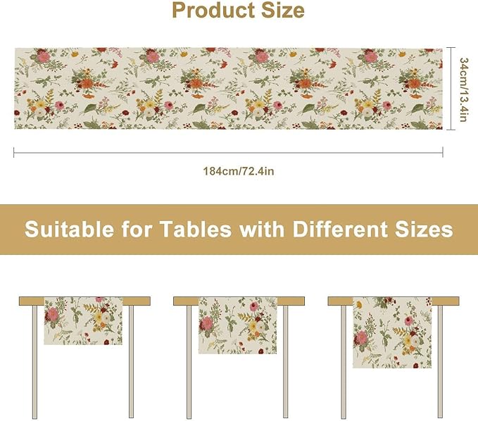 Vintage Flower Table Runner, Rustic Farmhouse Retro Garden Botanical Plants Herbs Wildflower Print Table Runner for Kitchen Dining Room Wedding Party Decor, 13x70inch