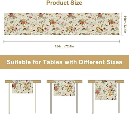 Vintage Flower Table Runner, Rustic Farmhouse Retro Garden Botanical Plants Herbs Wildflower Print Table Runner for Kitchen Dining Room Wedding Party Decor, 13x70inch