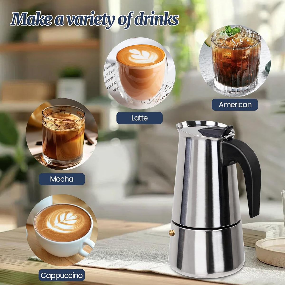 9 Cup Moka Pot Stainless Steel 450ml Italian Espresso Coffee Maker Stovetop Coffee Makers Mocha Pot Percolator Greca Coffee Maker for Induction Stove