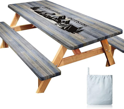 Picnic Table Cover with Bench Covers Windproof Waterproof Picnic Table Covers Camping Tablecloth with Self-Storage Bag, 72in, Gray Blue