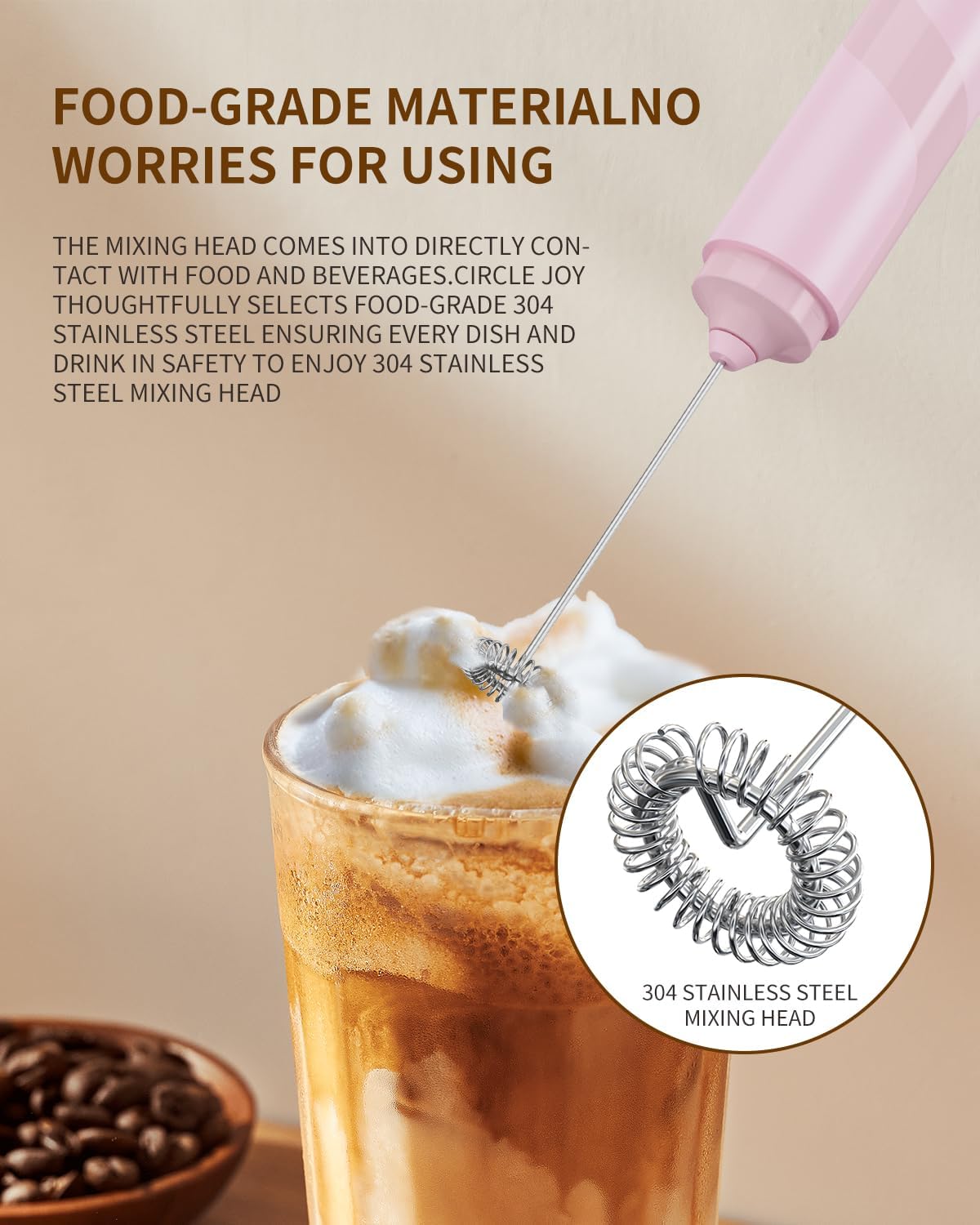 CIRCLE JOY Portable Milk Frother Hanheld, Battery Operated Electric Coffee Frother Wand Drink Mixer for Matcha Lattes Cappuccino, Kitchen Gifts, Pink