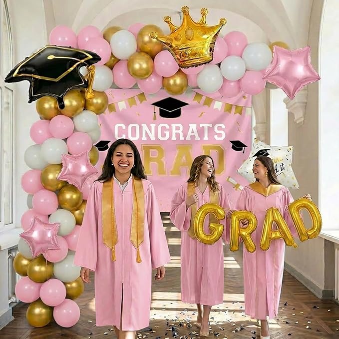 Pink White Gold Graduation Decorations 2026 - 130Pcs Graduation Balloon Garland Arch Kit with GRAD Foil Balloons, Crown, Star and Cap Balloons for Class of 2026 Girls Senior Prom Party Supplies