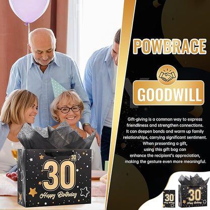 Powbrace 13" Black 30th Birthday Gift Bag with Tissue Paper and Greeting Card for Party,Happy Birthday Gift Bag for Men Women,Gift Bags Medium size(1 Black 30th)