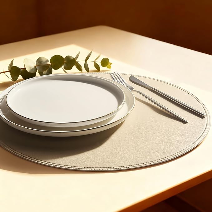 Round Vinyl Beige Placemats Set of 6, Faux Leather Waterproof Wipeable Heat Resistant Place Mats, Washable Table Mats for Halloween, Thanksgiving & Christmas Dinner (Beige)