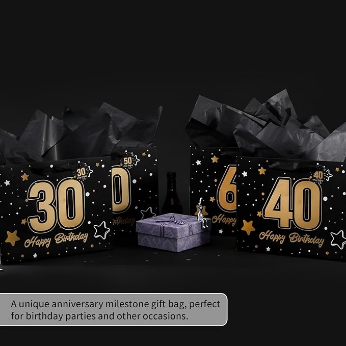 Powbrace 13" Black 30th Birthday Gift Bag with Tissue Paper and Greeting Card for Party,Happy Birthday Gift Bag for Men Women,Gift Bags Medium size(1 Black 30th)