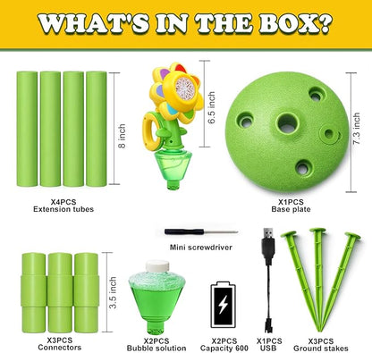 AIERSA Flower Bubble Stand Machine,Sunflower Bubble Maker with Lights, Tall Adjustable Rechargeable Automatic Bubble Blower for Outdoor Backyard Party