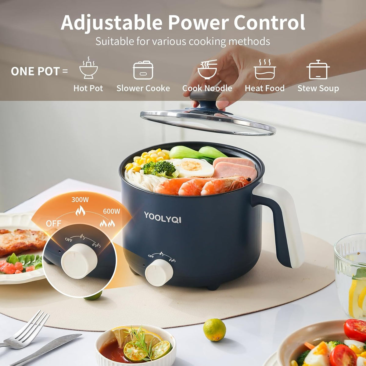 Hot Pot Electric : 1.5L Mini Ramen Cooker with 2 Temp Settings, Portable Lazy Pot Dorm, Office Must Have for Ramen/Noodles/Soup/Oatmeal