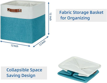 Temary Baskets Storage 12 Inch Fabric Storage Cubes Storage Baskets with Handle, Large Cube Storage Bins for Storage Books, Blankets, Clothes Baskets for Gift (White&Teal)