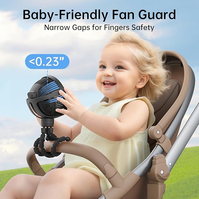 Mini Portable Handheld Fan USB Rechargeable Battery Operated, Stroller Fan with Flexible Tripod Clip on for Baby (Jet Black)