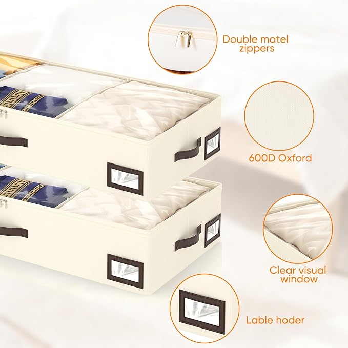OIAHOMY 2 Pack 53L Under Bed Storage with Adjustable Dividers, 6" Low Profile Underbed Storage Bins for Comforters & Clothes, Save Closet Space with Clear View Lid & Reinforced Handles, Beige