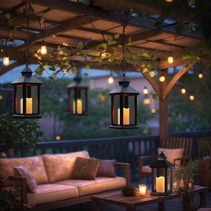Lanterns Decorative Indoor, 2 Pack Black Decorative Flameless Candle Lanterns with Timer, Vintage 14" Waterproof Hanging Outdoor Lanterns, Battery Operated for Porch, Patio, Wedding Decor
