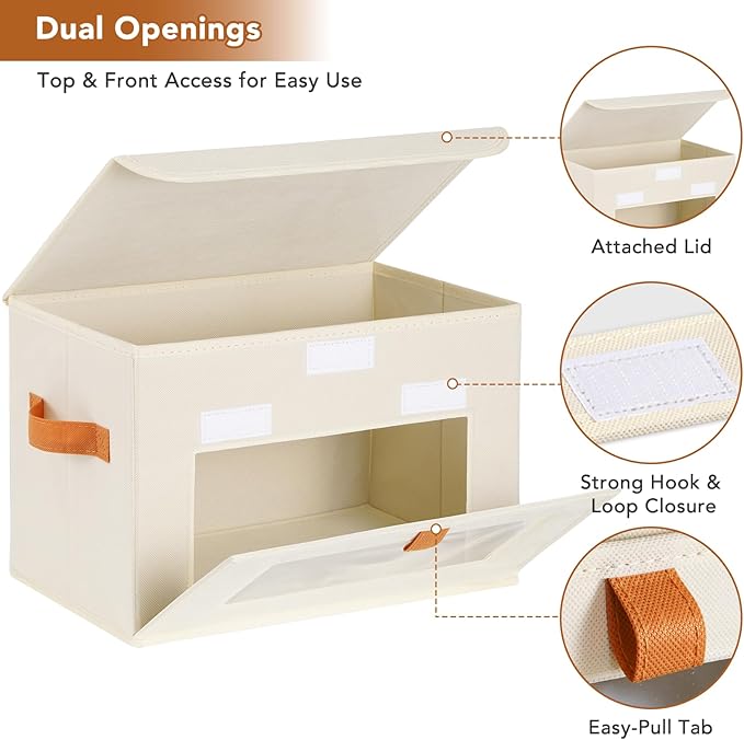 3 Pcs Front Opening Closet Organizers and Storage Bins with Attached Lid, Fabric Clothes Storage Box with Large Clear Window, Stackable Foldable Decorative Organizers for Shelf, Dorm, Beige