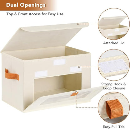 3 Pcs Front Opening Closet Organizers and Storage Bins with Attached Lid, Fabric Clothes Storage Box with Large Clear Window, Stackable Foldable Decorative Organizers for Shelf, Dorm, Beige