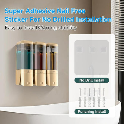 Shampoo and Conditioner Dispenser,Shower Dispenser 3 Chamber No Drill Shampoo Dispenser for Shower Wall Mounted Shower Soap Dispenser for Bathroom Hotel,Large Capacity 3 * 500ML,Gold