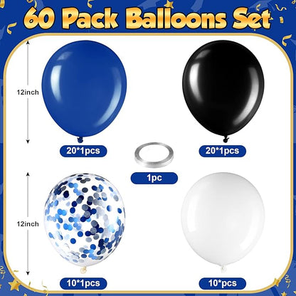 Sratte 60 Pcs 12 Inch Black Blue White Balloons Kit Graduation Decorations Back to School Confetti Latex Metallic Balloons with 2 Rolls Ribbon Party Favor for Memorial Day Birthdays
