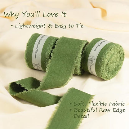 Moss Green Cotton Ribbon 1-1/2 Inch Moss Green 3 Rolls 21 Yards Frayed Edge Fabric Set for Rustic Wedding Decor, Bridal Bouquet Wrap, Woodland Theme Party, Baby Shower & Wreath Making