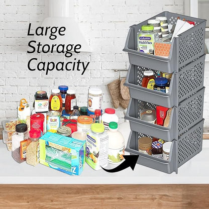 TidyFriend 4 Pack Stackable Storage Bins Open Front for Pantry Organizers and Storage, Pantry Storage for Food, Kitchen and Home Organization, Plastic Storage Bins, Dorm Room Essentials (Grey)