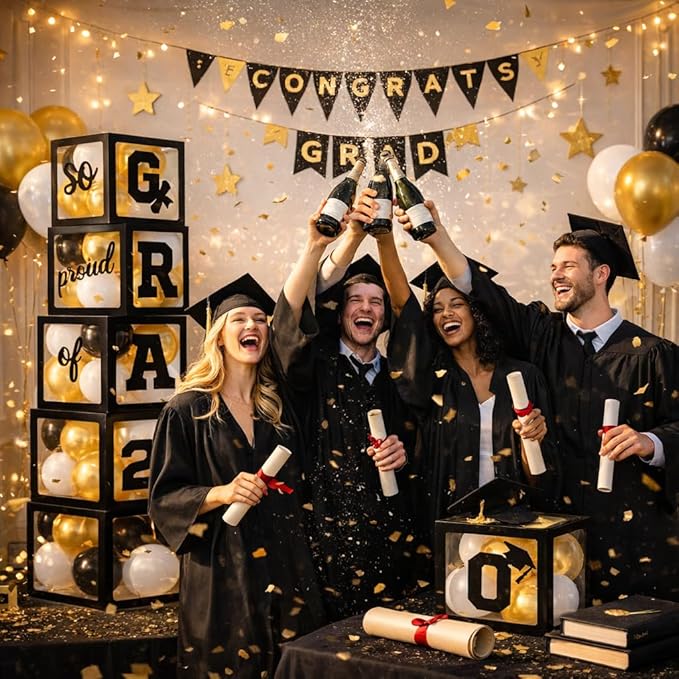 2026 Graduation Party Decorations, 4Pcs Black Boxes with 30Pcs Black White Gold Latex Balloons with Letters "2026 GRAD So Proud of You" for High School College Graduation Party Decorations (Black)