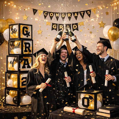 2026 Graduation Party Decorations, 4Pcs Black Boxes with 30Pcs Black White Gold Latex Balloons with Letters "2026 GRAD So Proud of You" for High School College Graduation Party Decorations (Black)