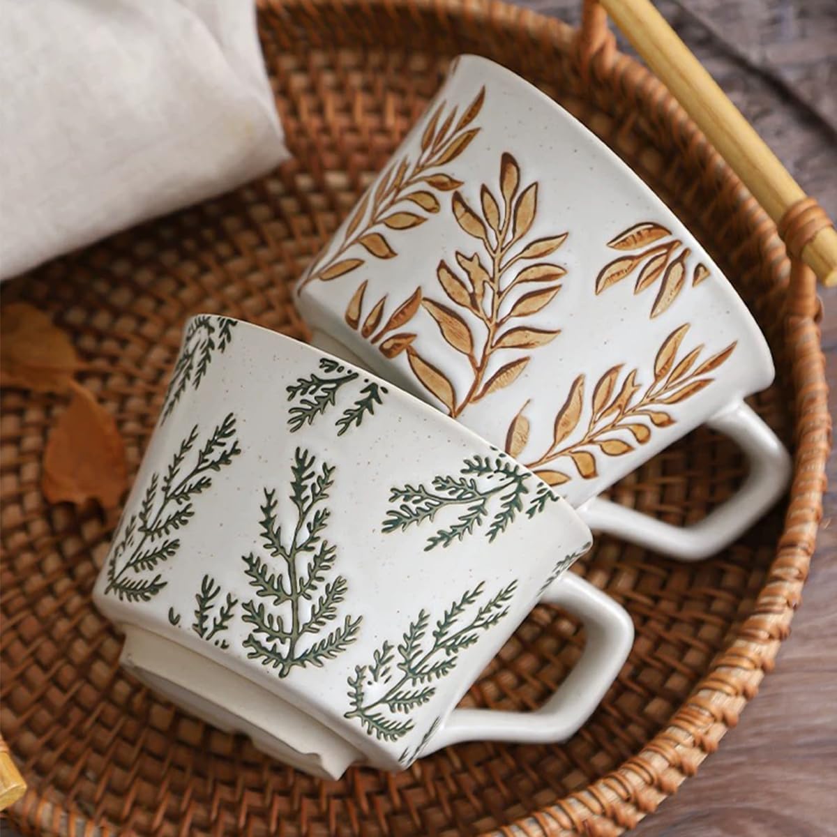 Ceramic Mug Set of 1 With Gold Spoon, 11oz - Vintage Coffee Mug, Pottery Cups for Milk, Latte, Cappuccino, Tea - Porcelain Dishwasher