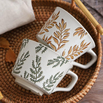 Ceramic Mug Set of 1 With Gold Spoon, 11oz - Vintage Coffee Mug, Pottery Cups for Milk, Latte, Cappuccino, Tea - Porcelain Dishwasher