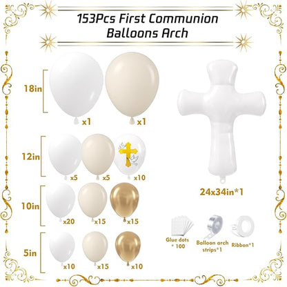 First Communion Balloon Garland Kit 153Pcs, Baptism Balloon, White Sand Gold Nude Bautizo Balloons Arch Kit for First Holy Communion Baptism God Bless Christening Party Birthday Supplies