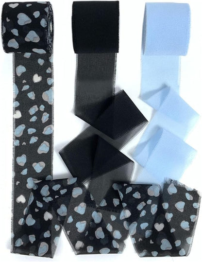 Chiffon Ribbon, 3 Rolls Handmade Floral Fringe Chiffon Silk Ribbons, 1.5" x 7 Yards Blue Leopard Ribbons Set for Wedding Invitations, Bridal Bouquets, Gifts Wrapping, DIY Crafts Decoration