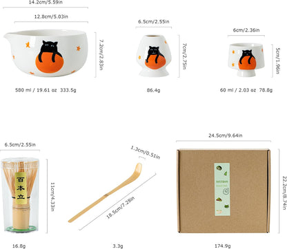 Matcha Set -Cute Cat Matcha Bowl Set with Whisk, Scoop, Whisk Holder & 2 Cups, 6 Pcs Authentic Matcha Tea Ceremony Kit, Great Gift for Tea Lovers