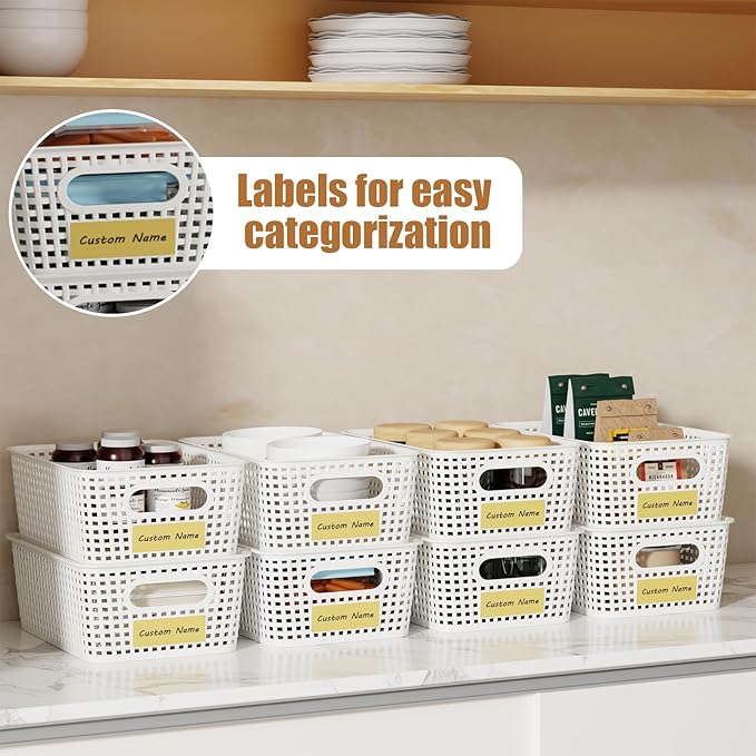 8 Pcs Plastic Storage Baskets with Lids, Stackable Storage Bins with Lids & Labels for Organizing, Small Storage Bins for shelves Office Drawer Cabinet & Pantry Nursery Organization,10.2*7.2*4.1In