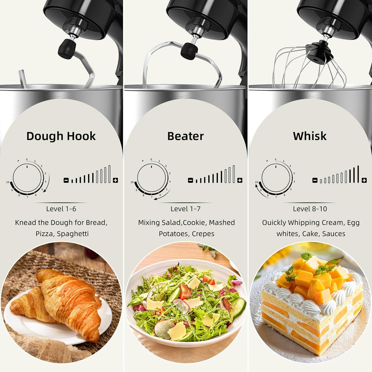 Electric Stand Mixer,10 Speeds Tilt-Head Food Mixer, 3-IN-1 Kitchen Mixer for Daily Cooks with Dishwasher-Safe 6QT Bowl,Dough Hook, Beater, Whisk (Onyx Black)