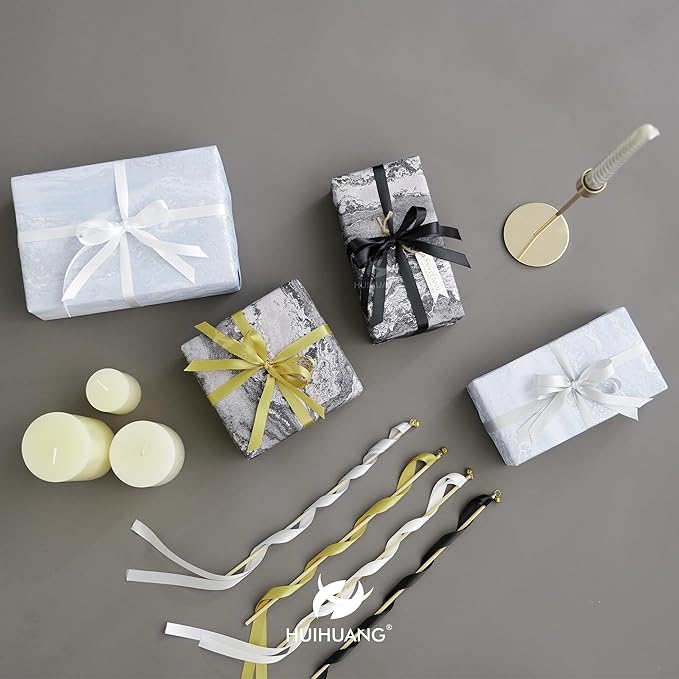 HUIHUANG Black and White Satin Ribbon 1/2 inch x 4 Rolls White/Black/Silver/Gold Ribbon for Gift Wrapping DIY Crafts Hairs Flower Bouquets Wedding Decoration- Total 40 Yards