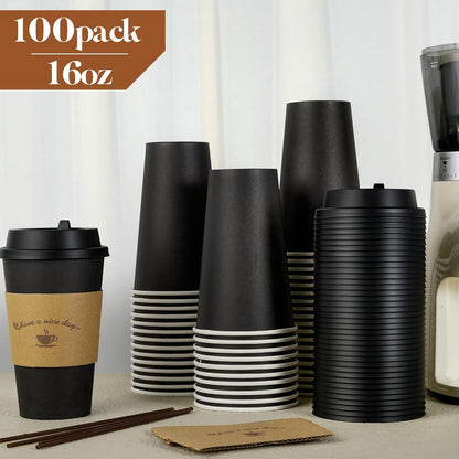 Litopak 100 Pack 16 oz Paper Coffee Cups with Lids, Black Disposable Coffee Cups with Lids, Sleeves and Stirring Sticks, for Parties, Picnic, Travel