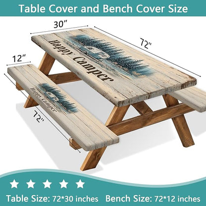 JAWO Happy Camper Picnic Table Cover - Fitted Tablecloth with Elastic Edge,Camping Design for Outdoor Camping, BBQ Decor, 72x30 Inch
