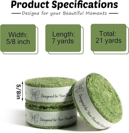 Moss Green Cotton Ribbon 5/8 Inch Moss Green 3 Rolls 21 Yards Frayed Edge Fabric Set for Rustic Wedding Decor, Bridal Bouquet Wrap, Woodland Theme Party, Baby Shower & Wreath Making