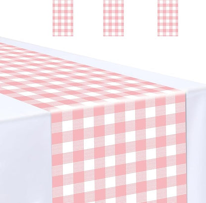 3 Pcs Light Pink and White Checkered Table Runner Plastic 14 x 108 Disposable Baby Pink Gingham Table Runner for Birthday Wedding Baby Shower Party Table Centerpiece Decorations