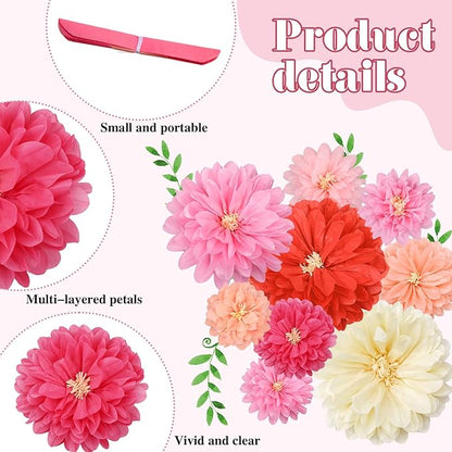Geyee 18 Pcs Mexican Paper Flowers Colorful Fiesta Tissue Paper Flowers Pom Poms Mexican Carnival for Floral Party Backdrop Wedding Birthday Party Craft(Pink Series,10" 12" 14")