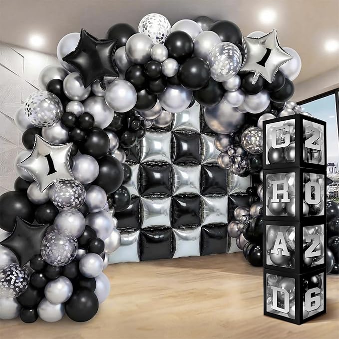 Seenelling 133 Pcs Graduation Decorations 2026 Set Black Sliver Balloons Boxes with Letters 2026 Grad Square Foil Balloons Complete Party Supplies for High School College Celebrations