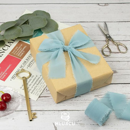 Haze Blue Chiffon Ribbon - 1-1/2 Inch x 21 Yards Handmade Fringe Silk Ribbon for Gift Wrapping, Wedding Invitations, Bridal Flower Bouquets