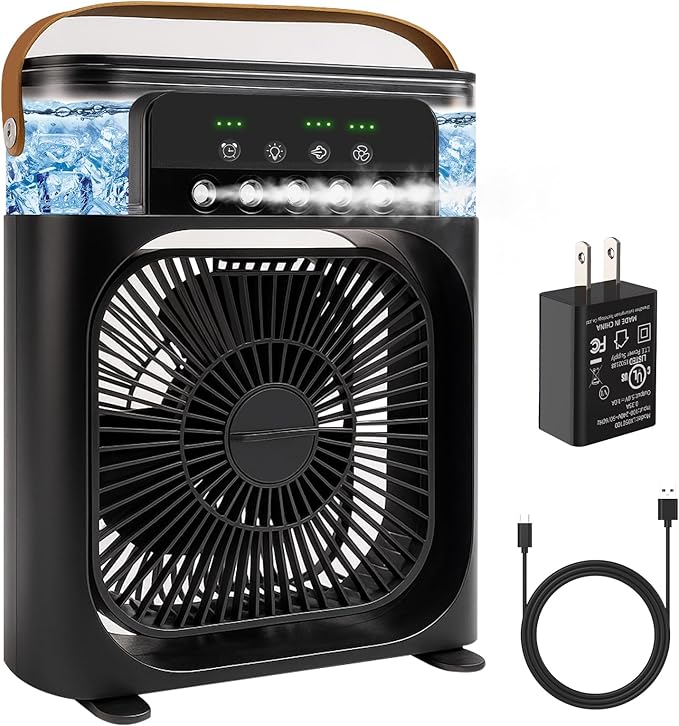 Portable Air Conditioner Fan, Mini Evaporative Air Cooler with 5 Spray Nozzles,3 Wind Speeds,3 Timers, 7 Colors LED Light,600ML Personal AC Unit Fan for Bedroom Office Camping（Black）