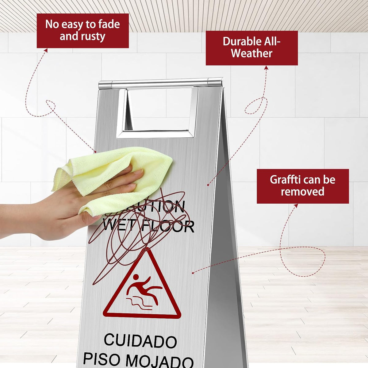 8 Pcs 24 Inch Stainless Steel Wet Floor Sign 8.8 Pound Caution Wet Floor Sign Bulk Double Sided Portable Foldable Bilingual Safety Warning for Kitchen Restaurant Restroom Avoid Fall (Silver)
