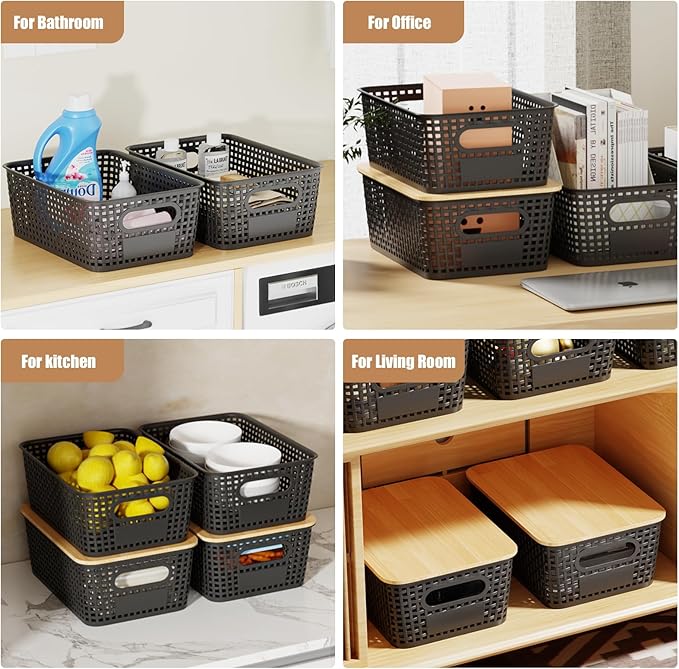 8 Pcs Plastic Storage Bins with Bamboo Lid, Stackable Storage Baskets with Lids & Labels for Organizing, Storage Bins for shelves Office Drawer Cabinet & Pantry Nursery Organization,10.2*7.2*4.1In