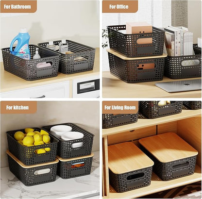8 Pcs Plastic Storage Bins with Bamboo Lid, Stackable Storage Baskets with Lids & Labels for Organizing, Storage Bins for shelves Office Drawer Cabinet & Pantry Nursery Organization,10.2*7.2*4.1In