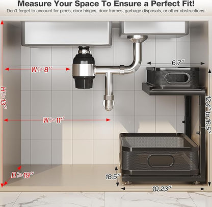 2 Pack 18.5IN-Depth Under Sink Organizer With Next-Gen Ball-Bearing Slides,2-Tier Precision Mesh Pull Out Cabinet Storage for Bathroom&Kitchen,Height Adjustable Drawers Shelf,Anti-rust-Black