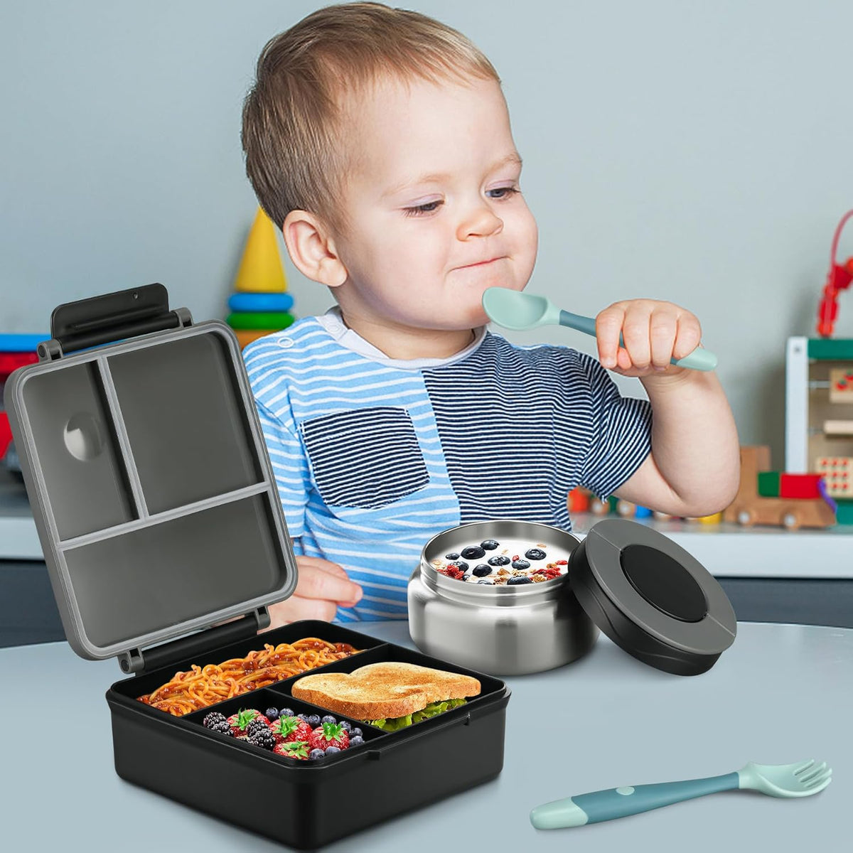 Bento Lunch Box for Kids with 8oz Soup Thermo&Lunch Bag, Leak-Proof Lunch Food Containers with 4 Compartment