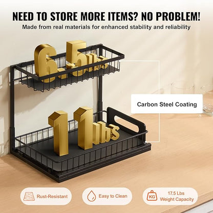 VEVOR 2 Tier Pull Out Cabinet Organizer(10.7"W x 14.2"D), Under Sink Organizer and Storage, Slide Out Drawer Cabinet Organizer, Wire Basket Sliding Storage, 12.5"Wx15.5"Dx13"H Install Size for Cabinet