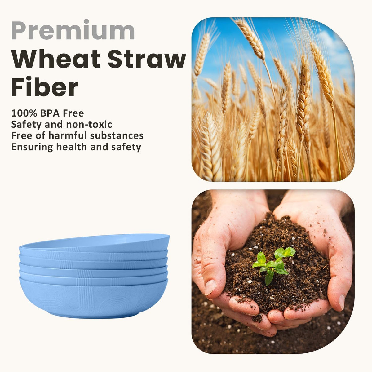 Homienly Wheat Straw Big Bowls Salad Bowls Set of 6 10 inch Serving Bowls 65 oz Large Bowls Plastic Plates Bowls Wide and Shallow Bowls for Kitchen