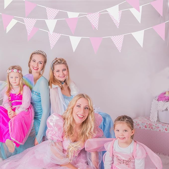 Zwiebeco 39Ft Pink White Dot Fabric Bunting Banner Triangle Flags Hanging Cotton Garland Pennant for Wedding Birthday Tea Party Nursery Home Outdoor Garden Decorations