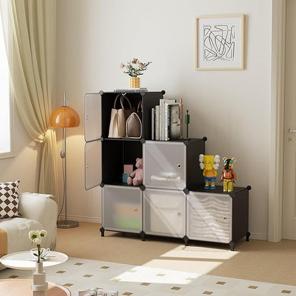 Cube Storage Organizer, 6-Cube Shelves Unit with Doors, DIY Stackable Plastic Clothes Organizer for Bedroom and Under Stairs Storage Unit, Each Compartment 30 x 30 x 30 cm Black ATTSL6001